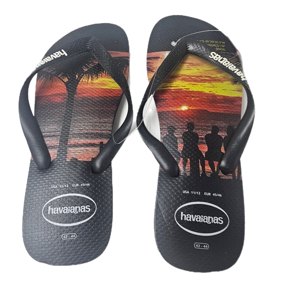 Havaianas Men's Hype Sunset Flip Flops Black Beach Graphic Size 11/12 US